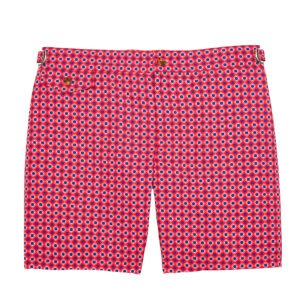 Coral with geometric motif swim shorts